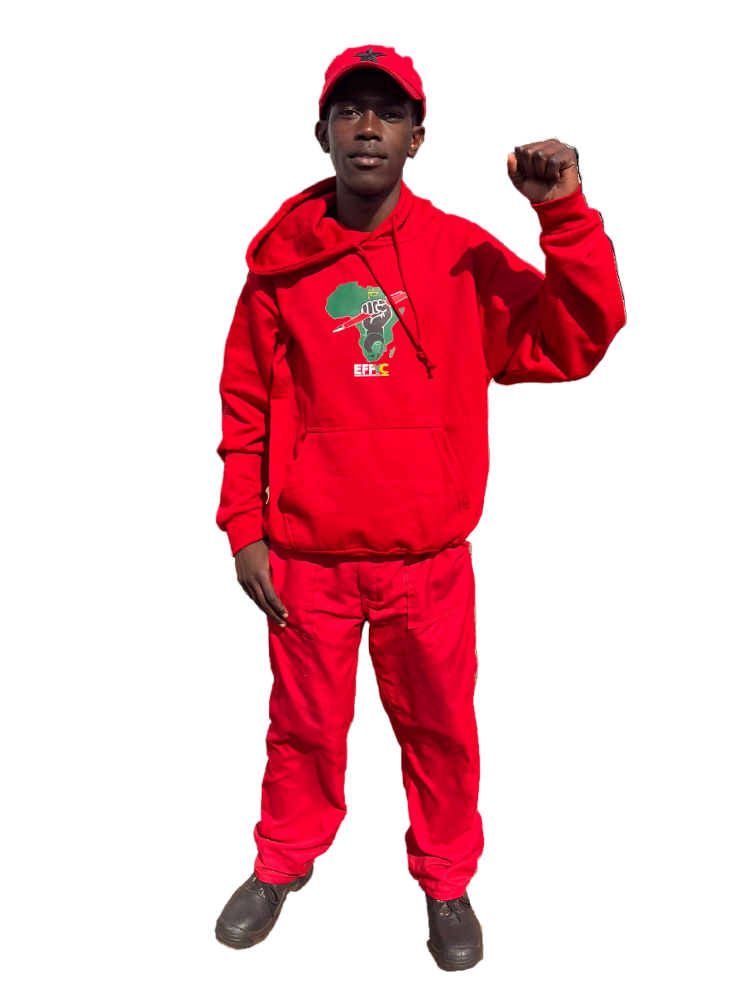 Person wearing a red EFFYC hoodie and pants with a graphic design on a white background