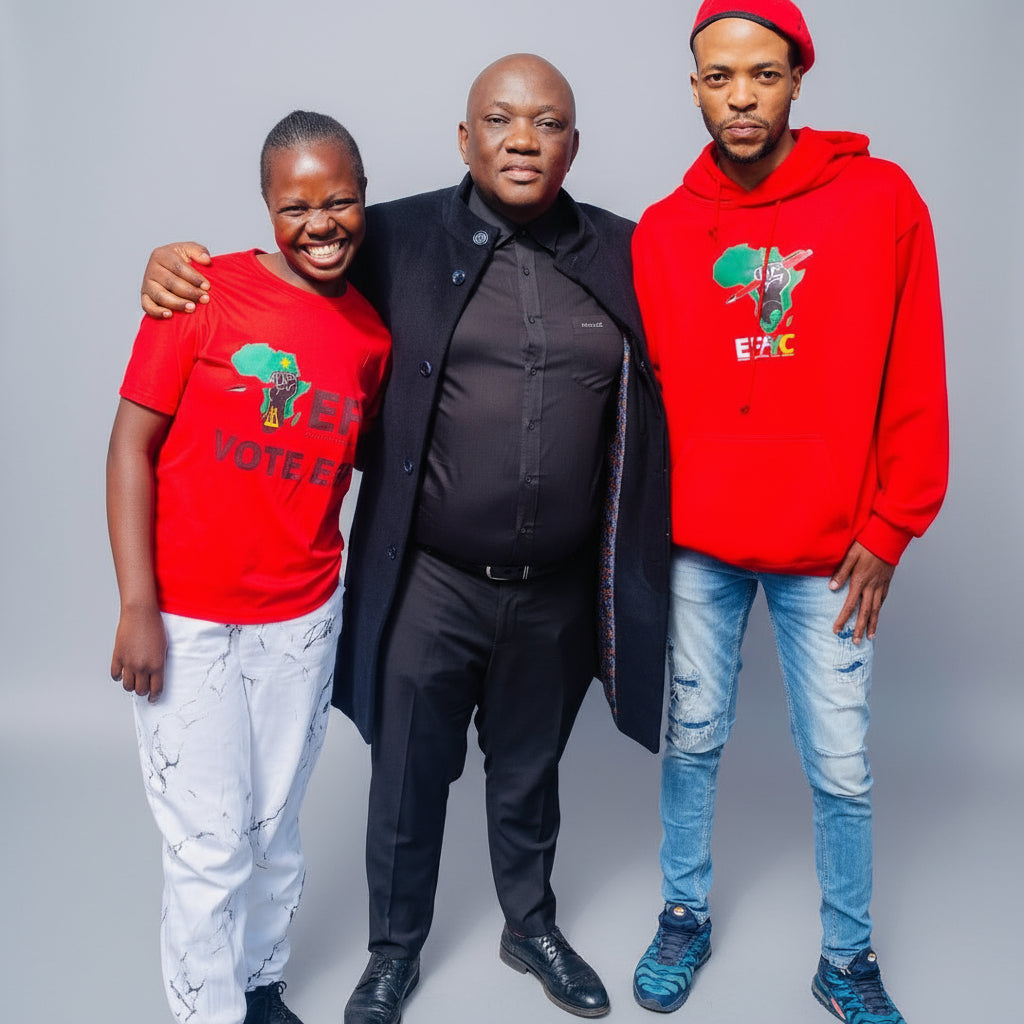 Three individuals standing together outdoors with trees and a car in the background